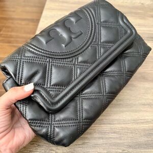 Tory Birch Black Quilted Leather Classic Fold-Over Clutch with Gold clasp